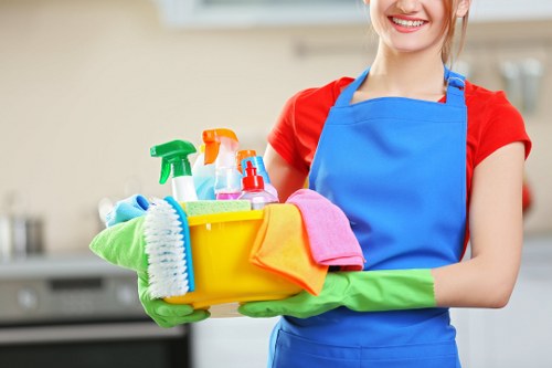 Carpet cleaning team preparing safe equipment and workspace